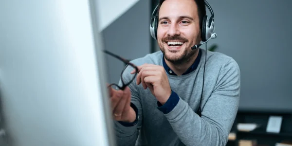 Close-up image of customer service representative at work.
