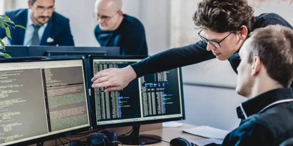 Startup business and entrepreneurship problem solving. Young AI programmers and IT software developers team brainstorming and programming on desktop computer in startup company share office space.